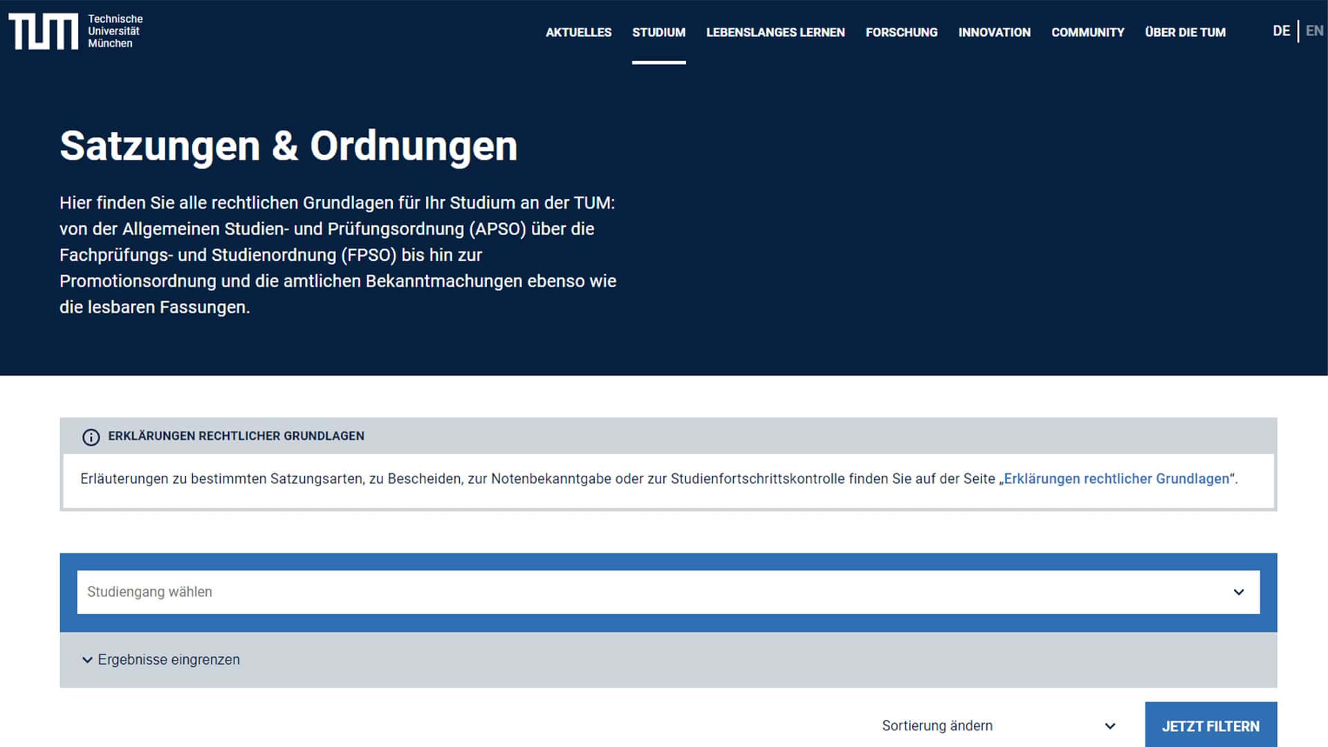 Abbildung zeigt einen Screenshot der Satzungen & Ordnungen Webseite